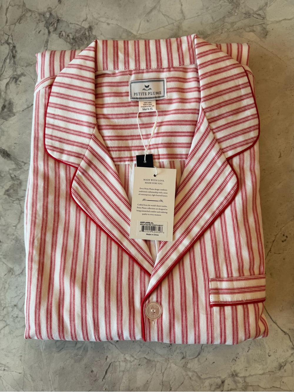 Men’s Petite Plume Antique Red & White Striped Pajama Set Shirt/Pants
